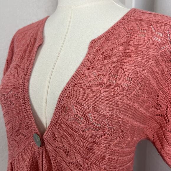 J Jill Cardigan Womens Medium Pink Babydoll Open Crochet Linen Blend Cottagecore - Picture 3 of 11
